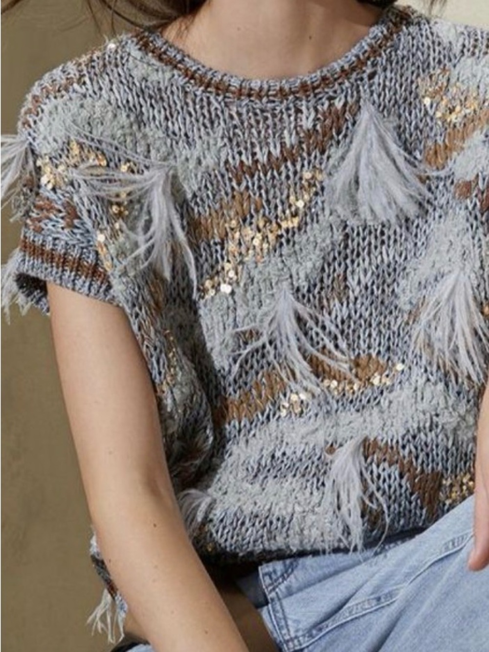 Brunello Cucinelli Gray Brown Knit Fringe Sequin Cardigan Sweater - Picture 2 of 7